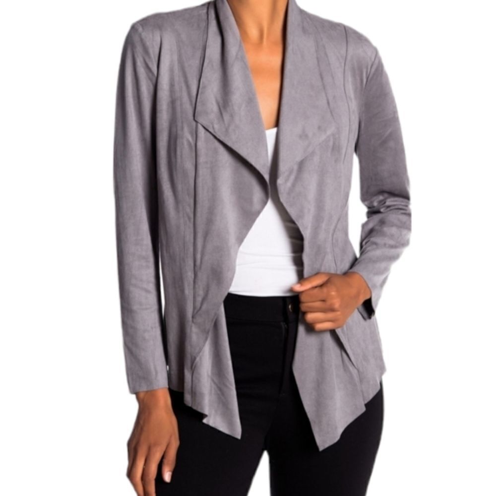 CATHERINE MALANDRINO gray faux suede drape front top M‎